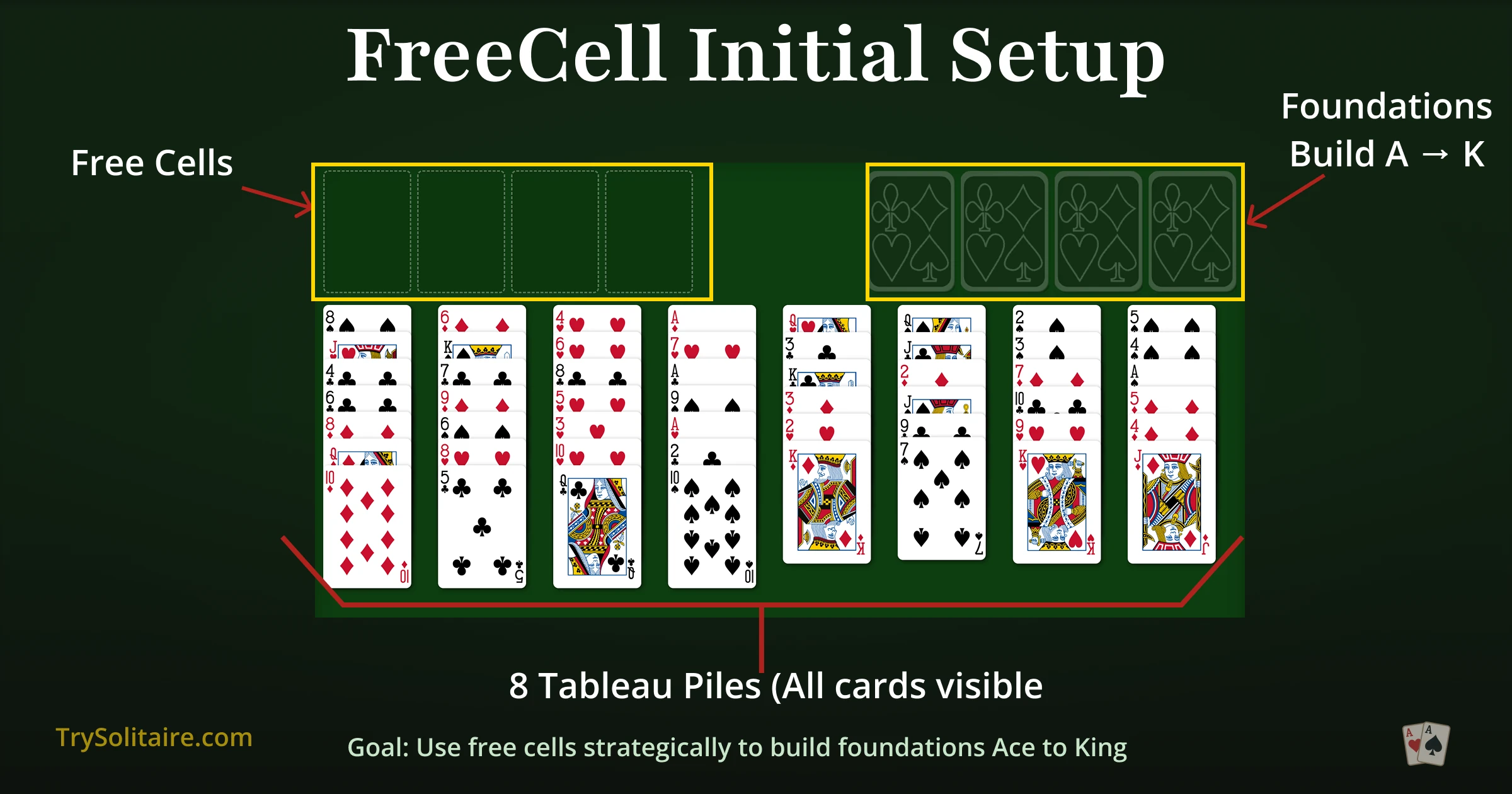 FreeCell Solitaire - Initial Setup showing 8 tableau columns, 4 free cells, and 4 foundations