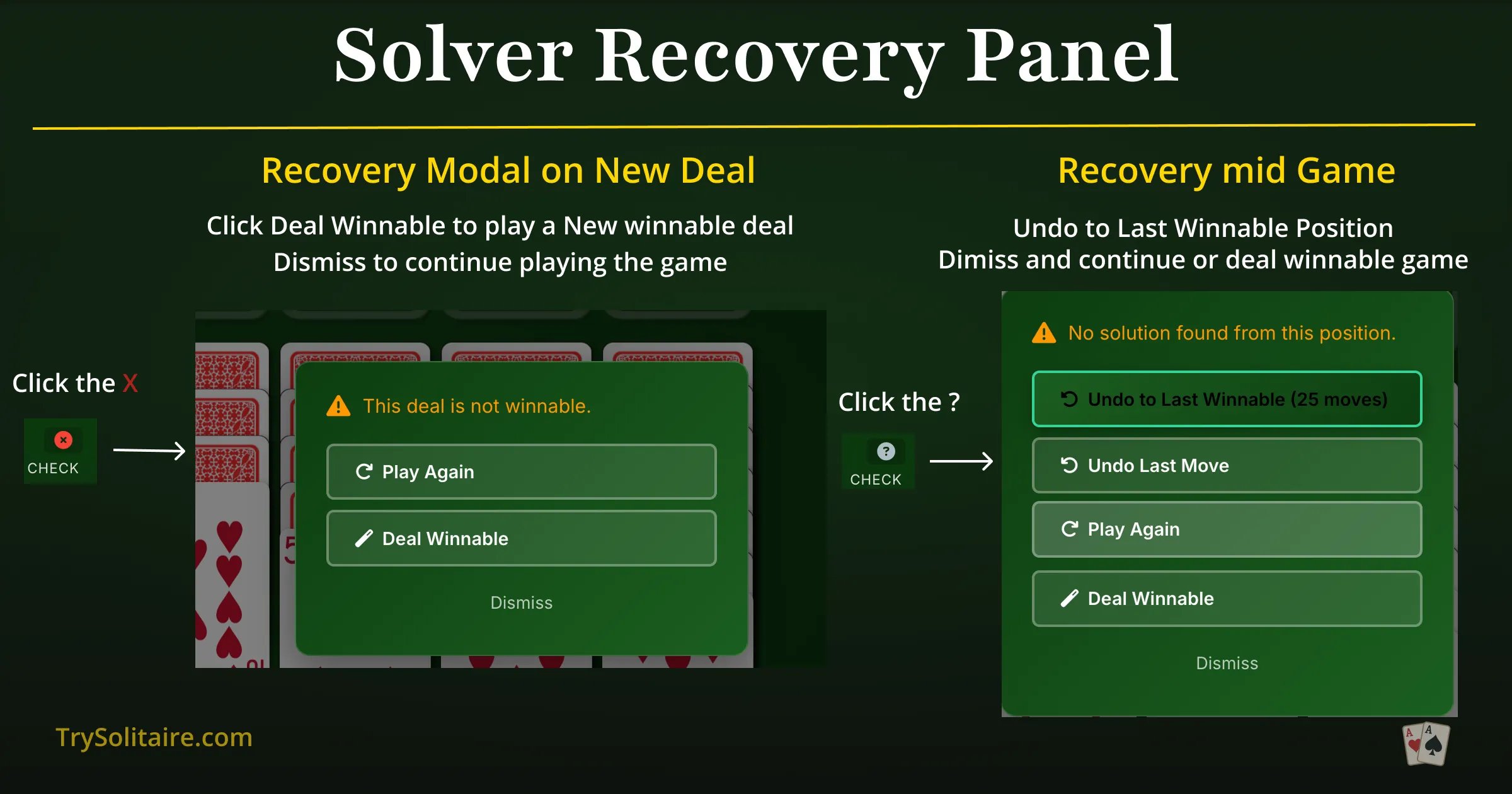 Solver recovery panel with Undo to Winnable, Deal New Game, and Continue Playing options