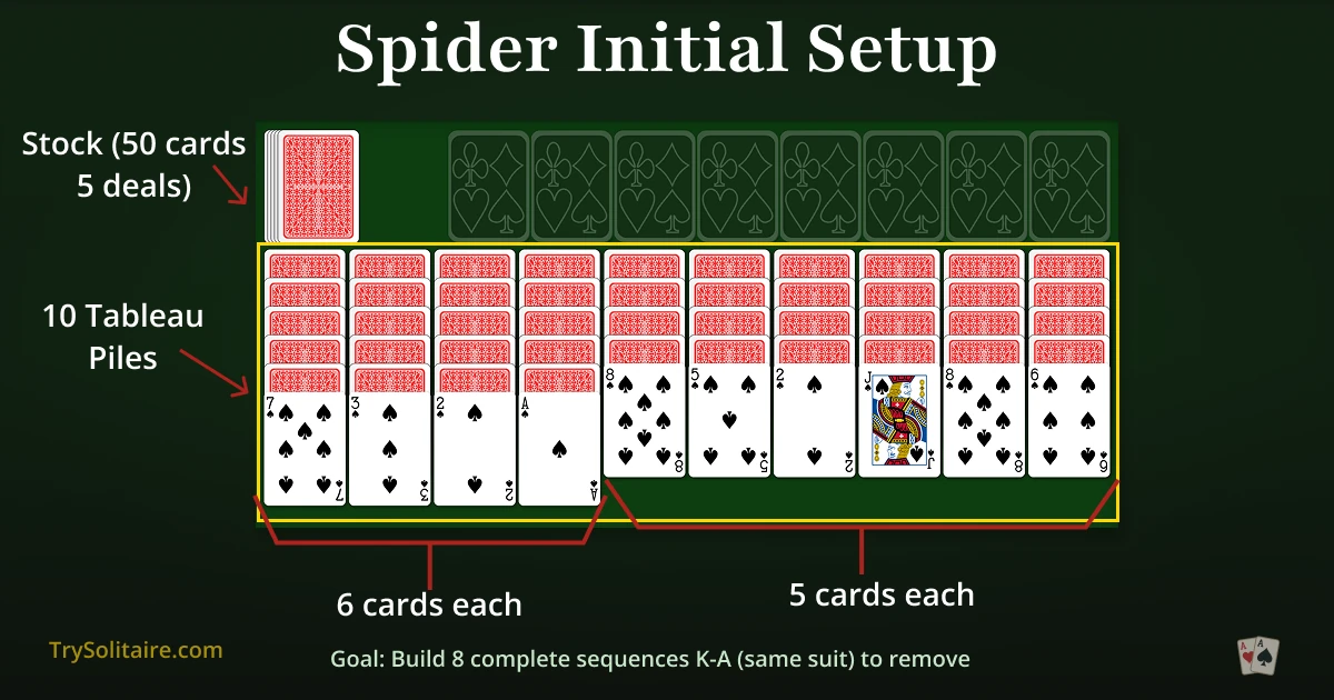 Spider Solitaire game layout - free online play with 10 tableau columns, 2 decks, 104 cards