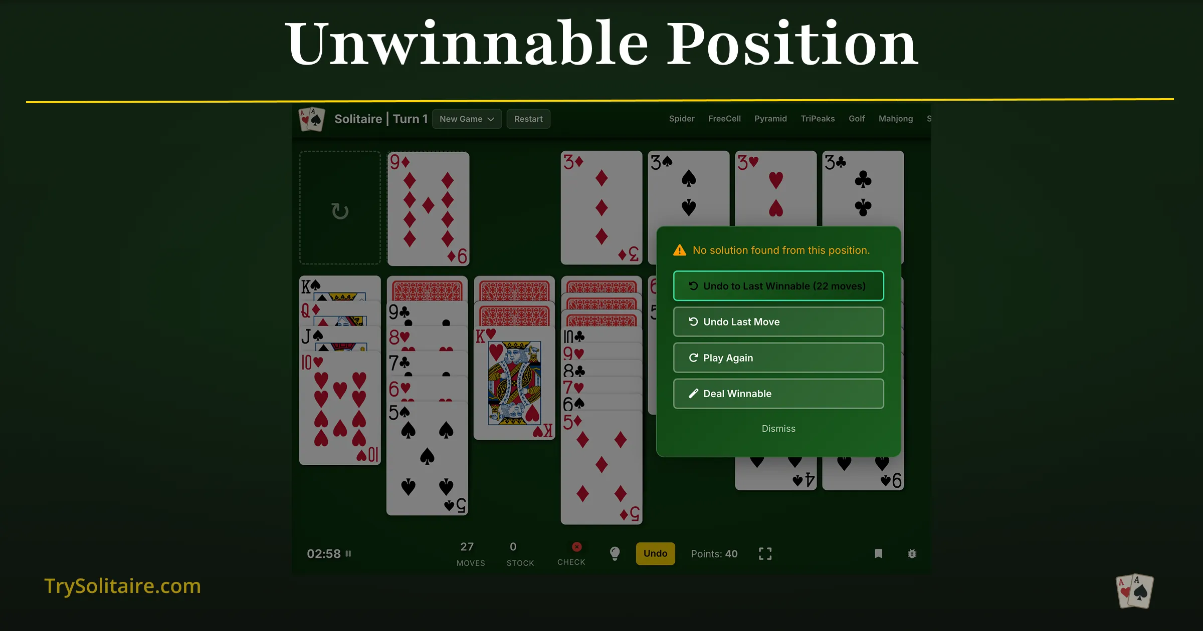 Example of an unwinnable Klondike Solitaire position with blocked Kings and inaccessible foundation cards